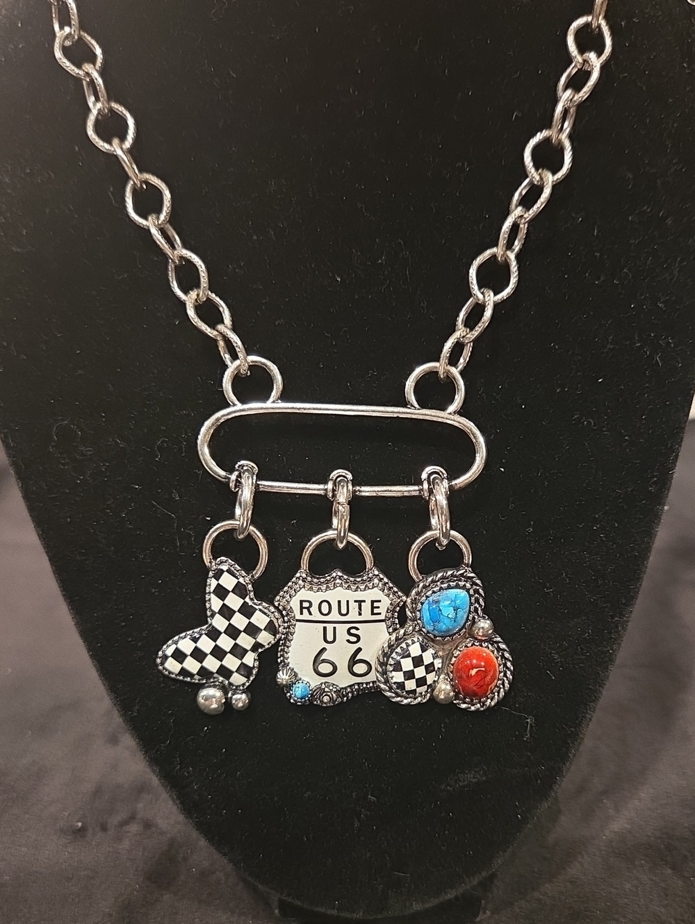 US Route 66 Silver Charm Necklace with Black, Turquoise & Red Accents